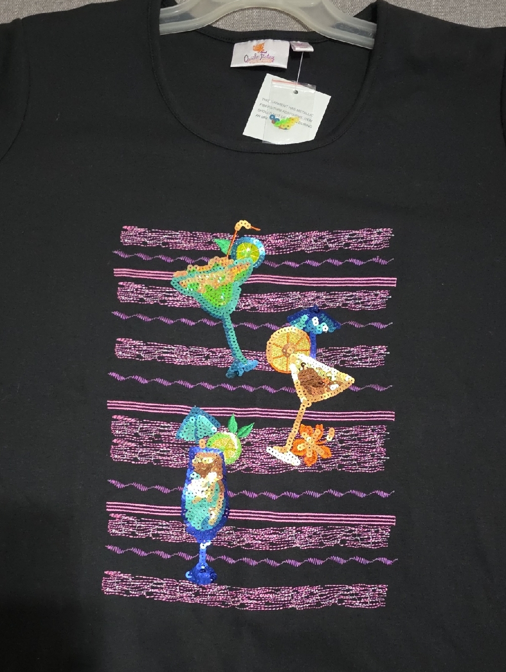 Quacker Factory Black Tee with Multicolor Sequin Cocktails 2X NWT